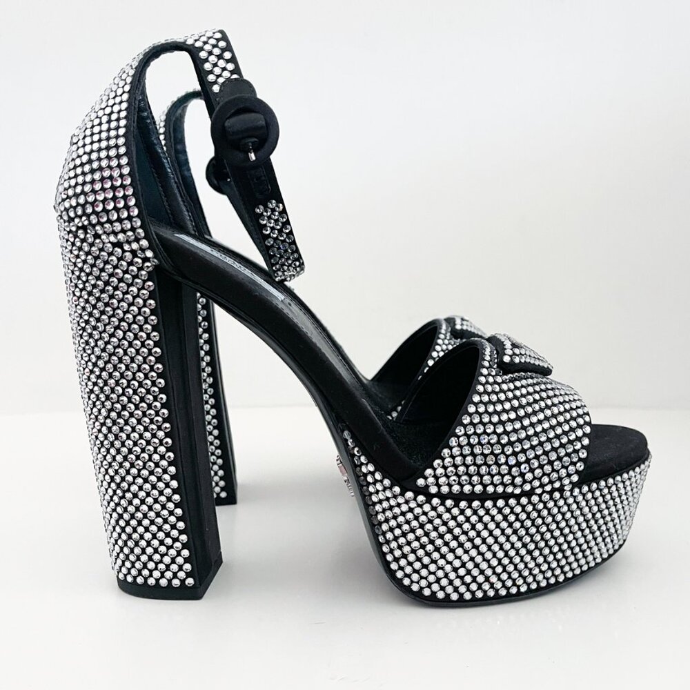 Prada Embellished Satin Platform Sandals with Crystals Logo 38.5
